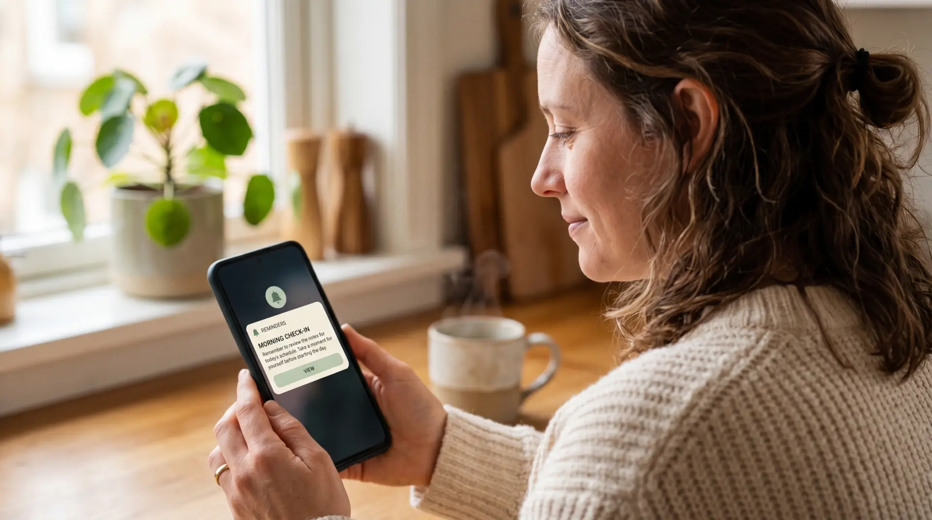A parent calmly looking at a phone notification, no panic.