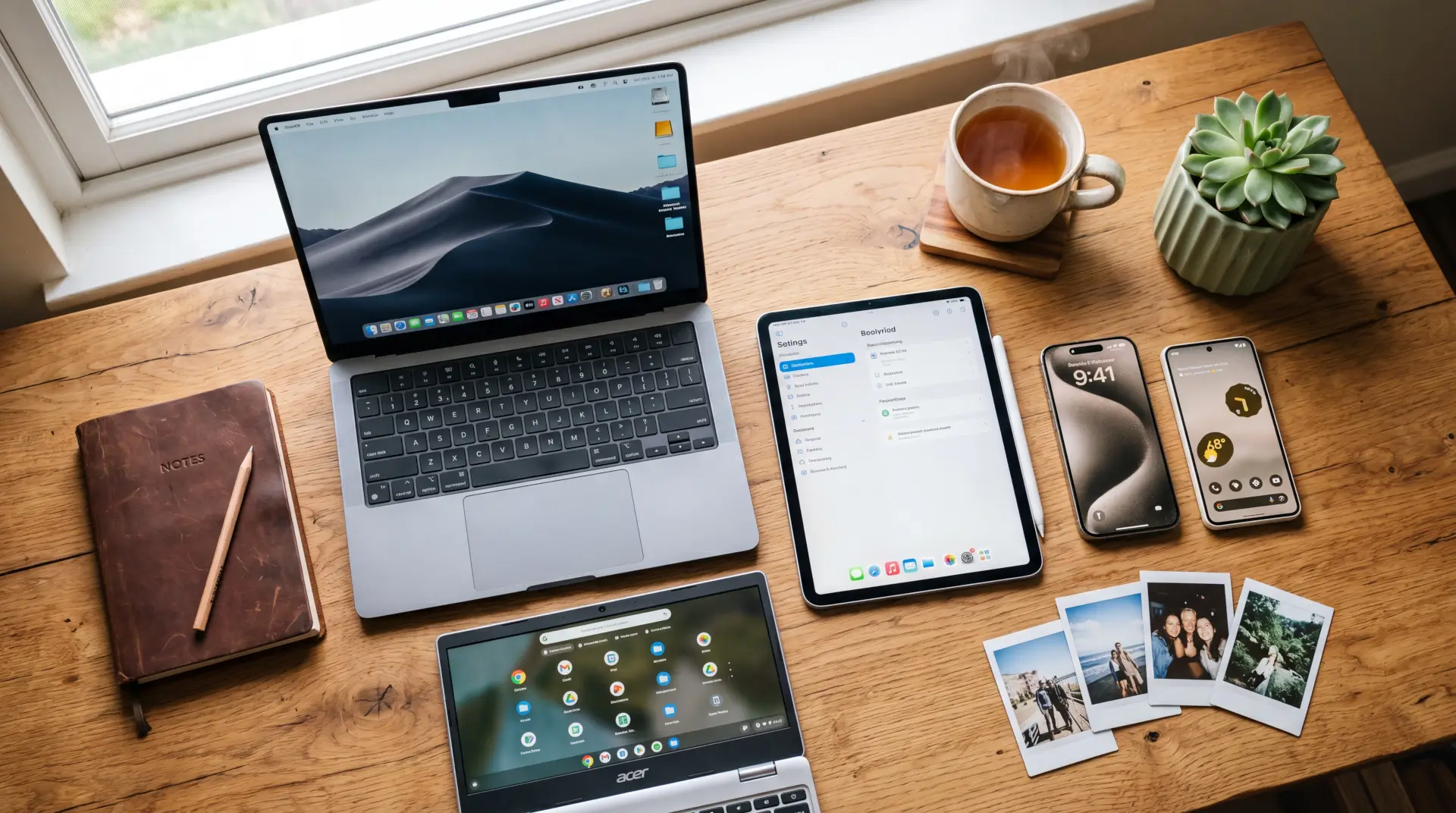 A flat-lay of iPhone, Android phone, iPad, MacBook and Chromebook on a sunlit wooden desk.