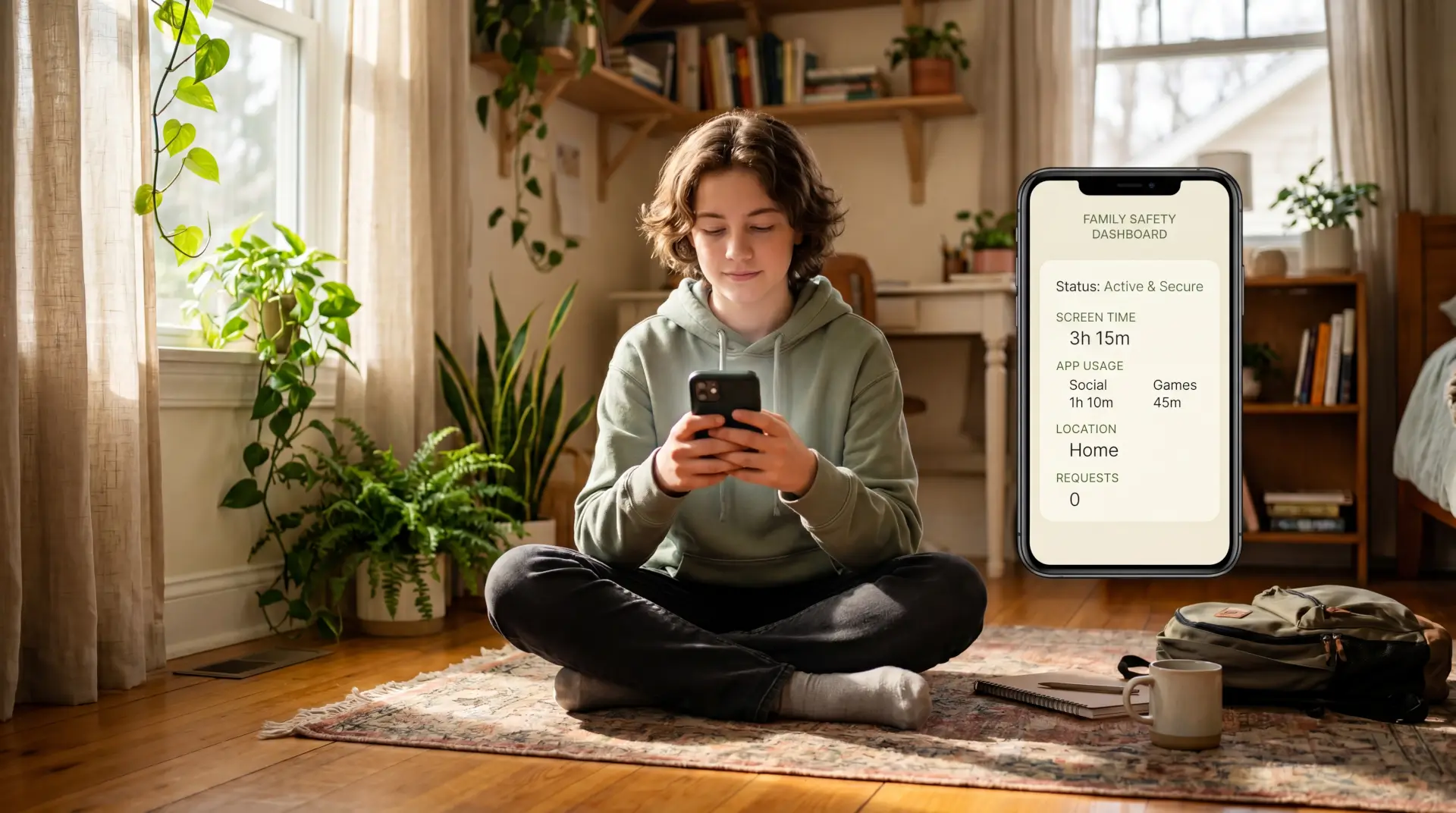 A teen openly using their phone with CalmKin visible — no hiding, no anxiety.