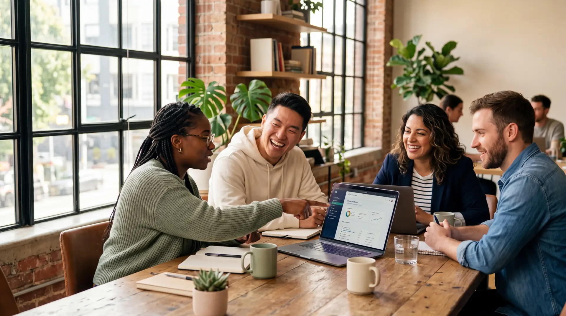 A small team gathered around a laptop in a sunlit workspace, laughing together.