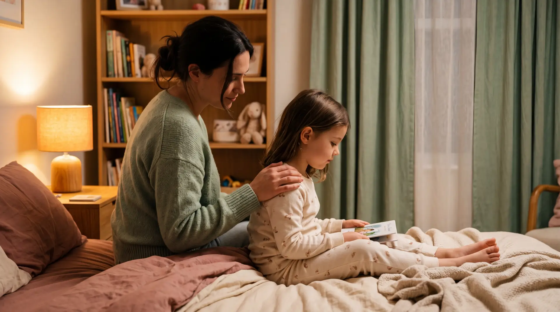 A parent sitting on the edge of a child’s bed, hand gently on their shoulder, soft warm light.