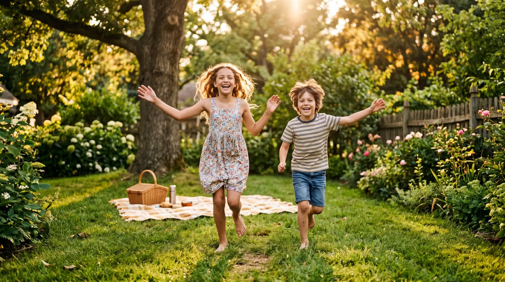 Two children laughing while playing in a sunlit garden, golden hour light.