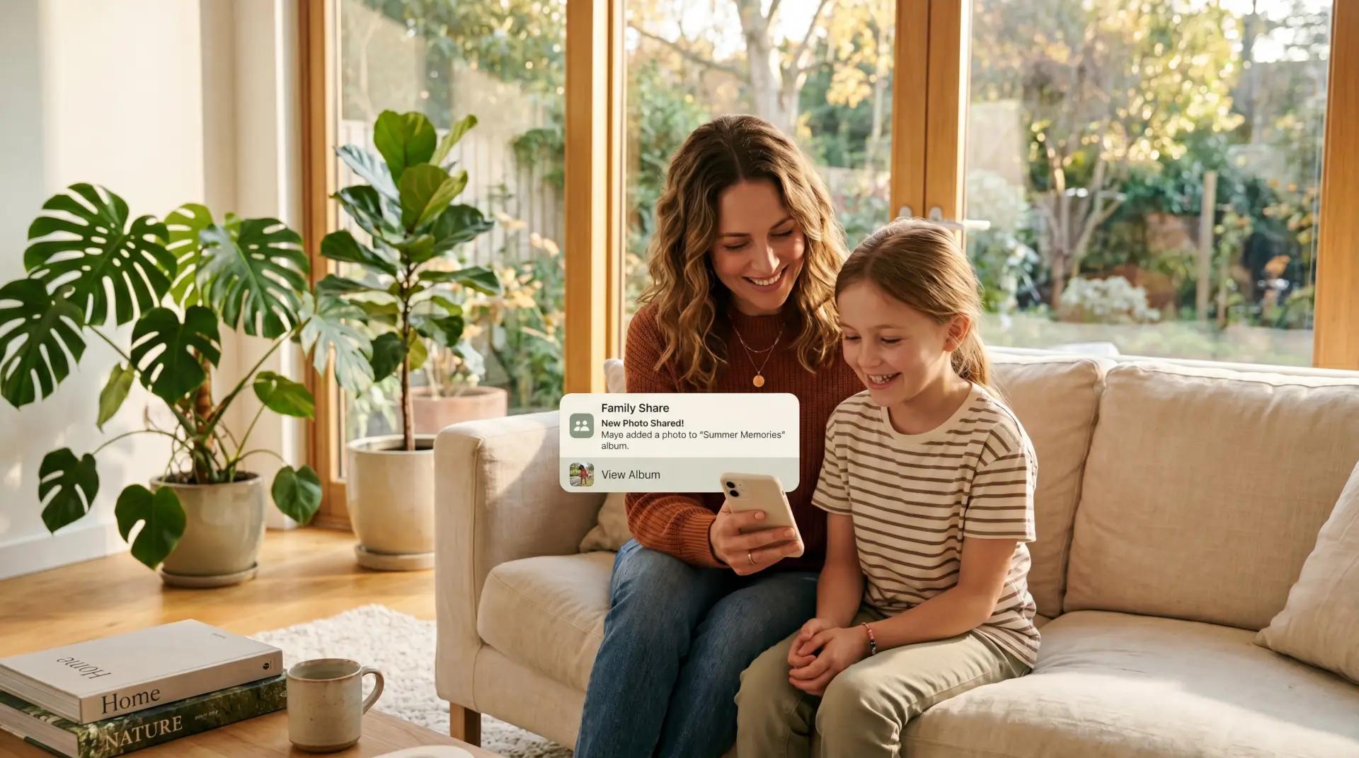 A mother and her young daughter sitting close on a sunlit couch, looking together at a smartphone showing a calm CalmKin notification.