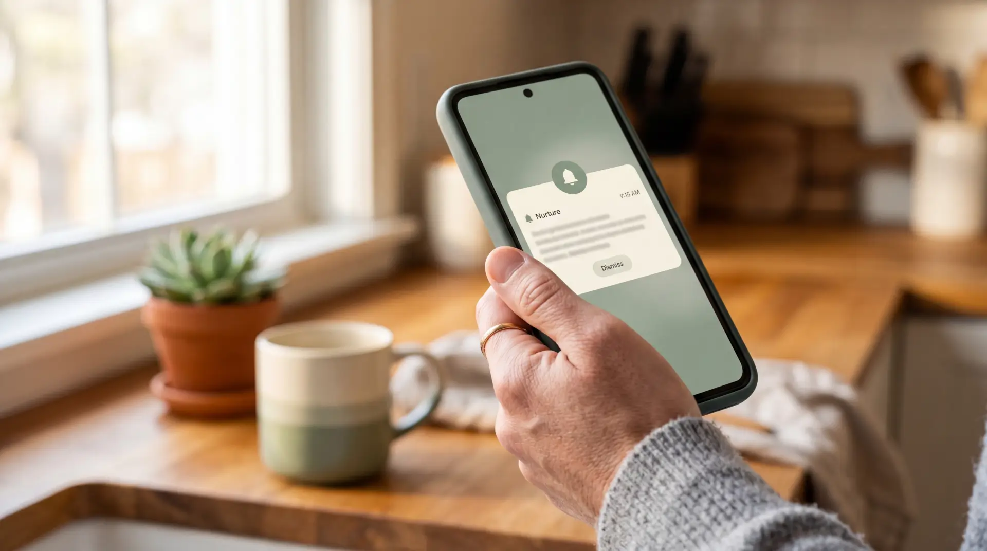 A father in a sunlit kitchen calmly reading a phone notification, looking unbothered.