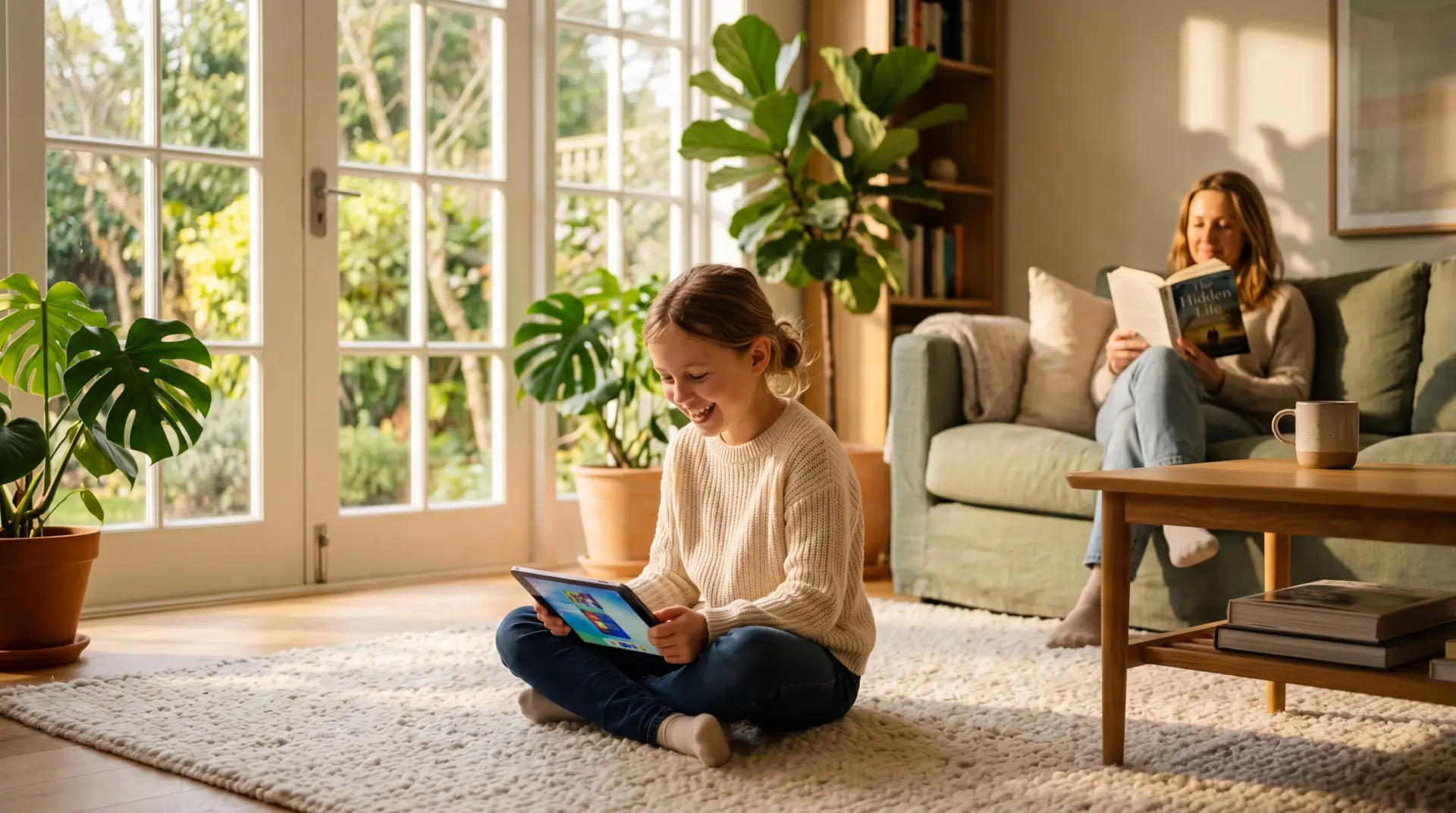 A young girl on a soft rug, laughing while watching her tablet, sun streaming in.