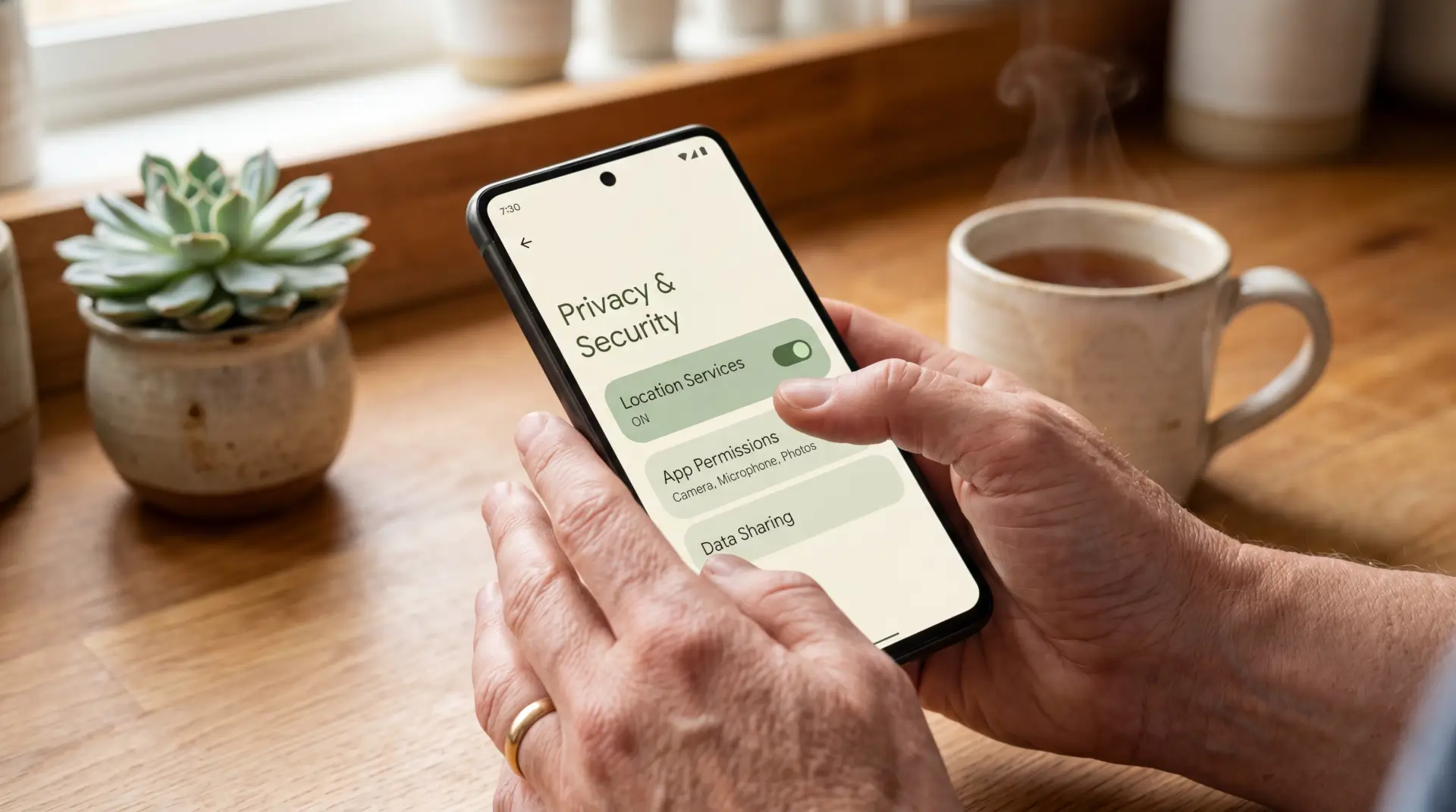 A close-up of warm hands holding a smartphone with a soft, calm interface visible.