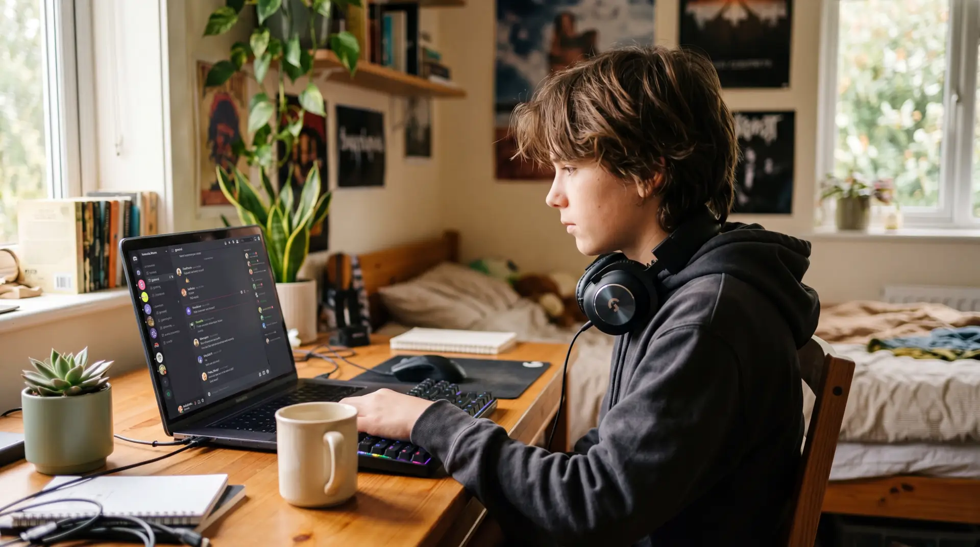 A teen using Discord, with the app interface visible on the phone screen.