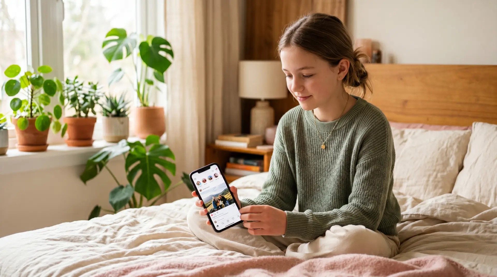 A teen using Instagram, with the app interface visible on the phone screen.