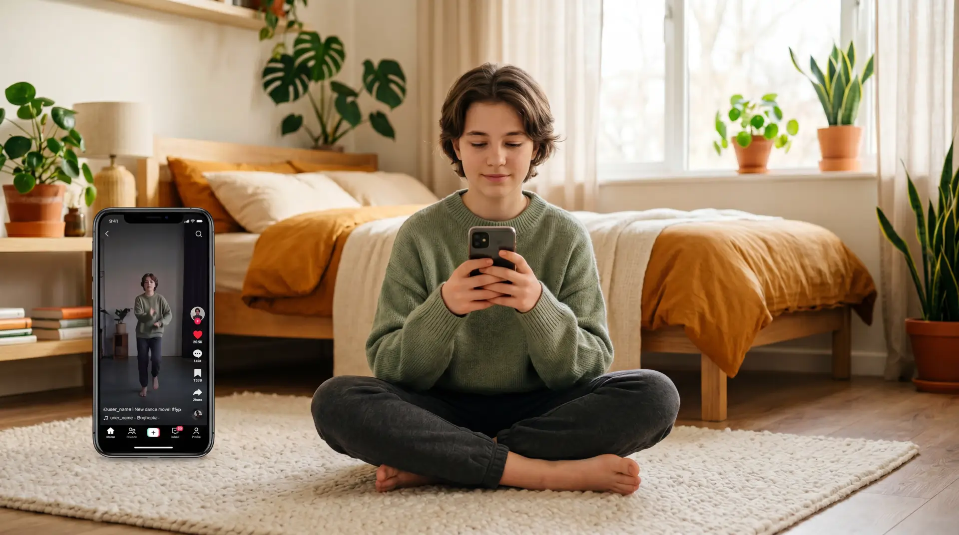A teen using TikTok, with the app interface visible on the phone screen.