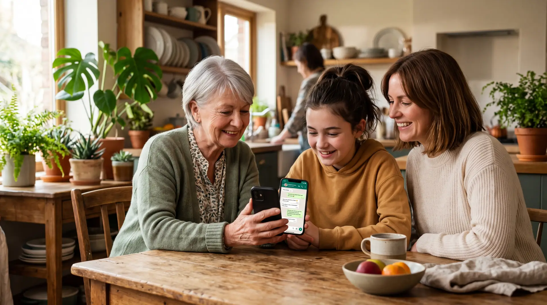 A teen using WhatsApp, with the app interface visible on the phone screen.
