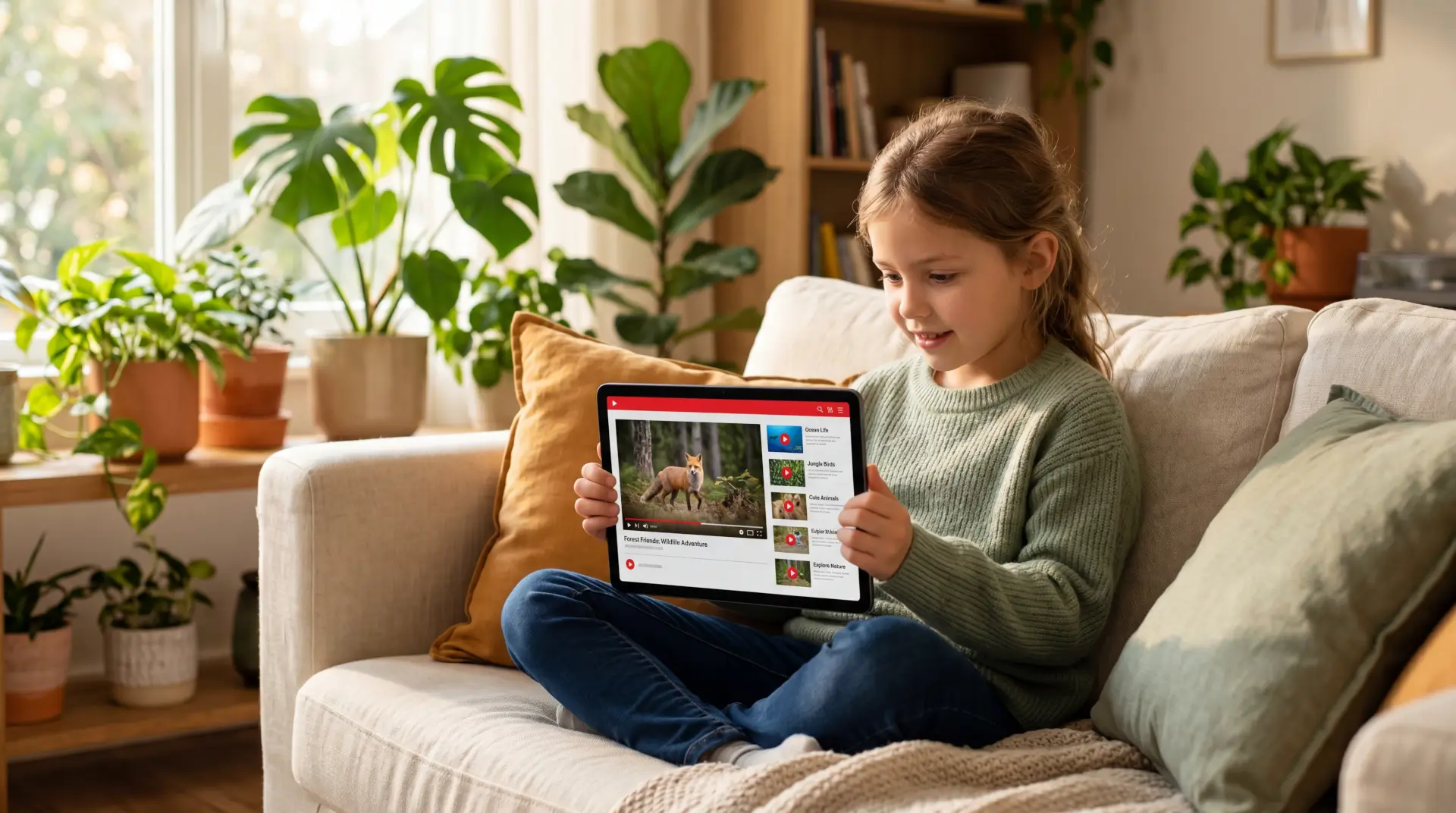 A teen using YouTube, with the app interface visible on the phone screen.